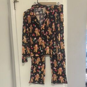 Holiday Time Black Pajama Set with Bear and Candy Print